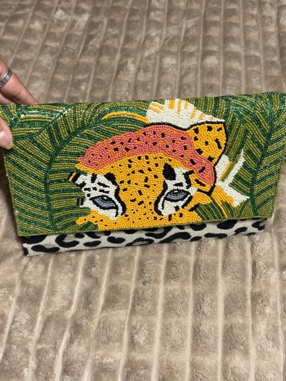 NWT America & Beyond Beaded Leopard Clutch with silver strap